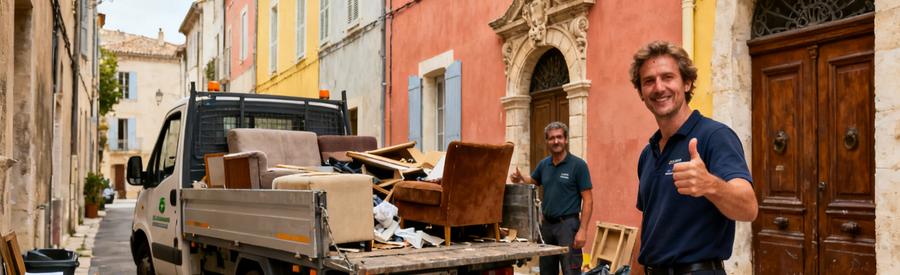 Professionnel du débarras à Manosque utilisant un véhicule compact dans une ruelle historique avec des bastides en arrière-plan.