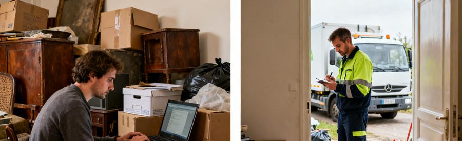 Illustration du processus de débarras à Marcq-en-Barœul : demande en ligne et inspection par un professionnel.