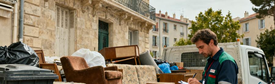 Professionnel en tenue évalue des vieux meubles devant un pavillon à Marseille 10ème, illustrant le débarras efficace.