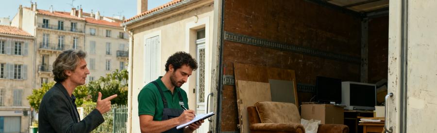 Un professionnel du débarras à Marseille 10ème prenant des notes devant une maison avec des meubles à évacuer.