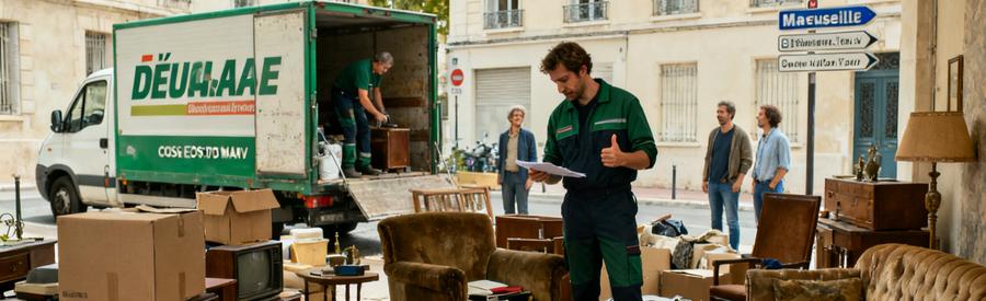 Professionnel du débarras dans un salon encombré de Marseille 13ème, prêt à évacuer des objets et meubles anciens.
