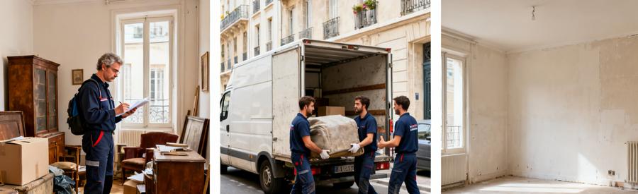 Professionnels du débarras à Marseille 14ème triant et évacuant des vieux meubles, avant et après le nettoyage.