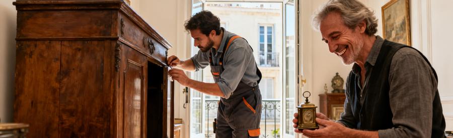 Un professionnel en débarras évalue un meuble ancien avec un brocanteur dans un appartement de Marseille 15ème.