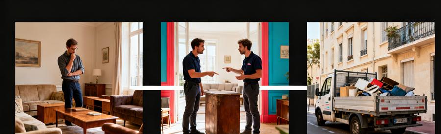 Professionnels évaluant et chargeant des meubles lors d'un débarras à Marseille 16ème, illustrant le processus de désencombrement.