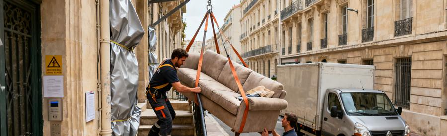 Professionnels en train de descendre un canapé d'un immeuble haussmannien à Marseille 3ème, avec protections murales.