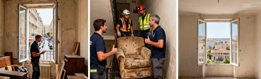 Trois scènes illustrant le processus de débarras à Marseille 6ème, des meubles à l'appartement vide.