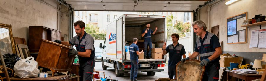 Des professionnels triant des meubles et encombrants dans un garage à Marseille 8ème avant l'évacuation.