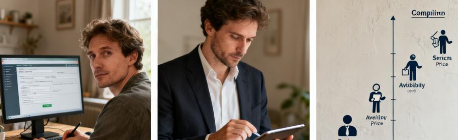 Un particulier utilise un ordinateur pour un débarras, un pro compare des offres sur sa tablette, tableau comparatif en arrière-plan.