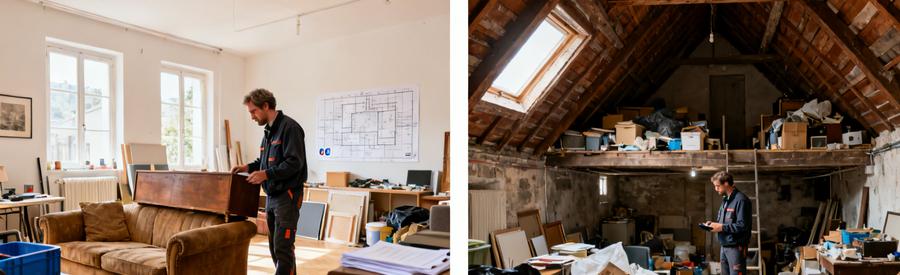 Professionnel évaluant un studio et une maison avec objects à évacuer dans la Meurthe-et-Moselle.