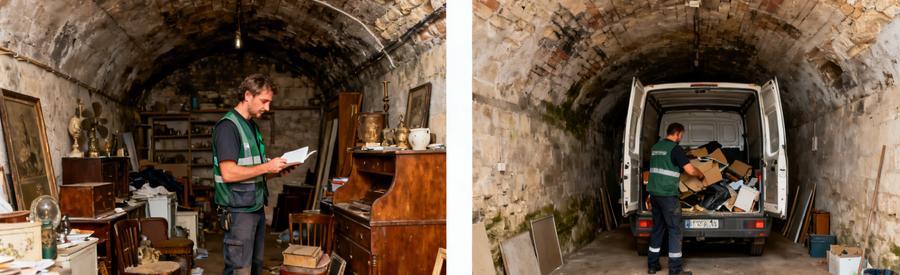 Débarras professionnel dans une cave, avant et après intervention, montrant l'évaluation et le rangement.