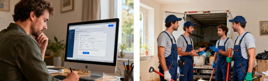 Une personne remplit un formulaire en ligne pendant que des débarras professionnels se préparent pour une intervention à Meyzieu.