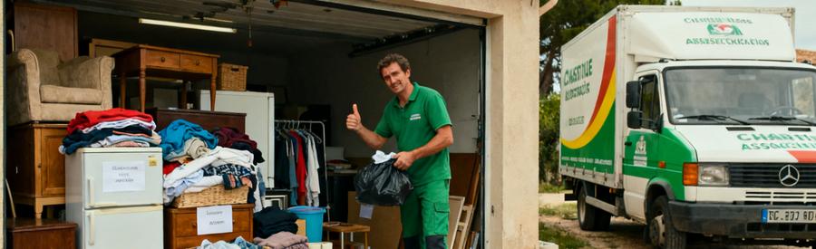 Un pro du débarras trie des meubles et vêtements à Miramas pour valorisation.