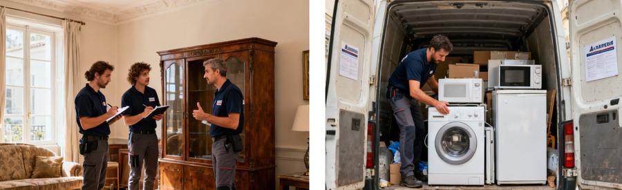 Trois débarras professionnels inspectant des meubles et chargent des électroménagers dans une camionnette à Mont-de-Marsan.