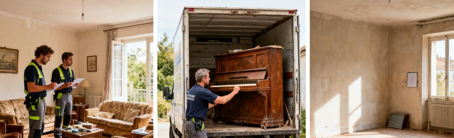 Trois étapes d'un débarras à Muret : inspection des objets, chargement d'un piano, et salon débarrassé.