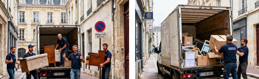 Débarrasseurs en action dans une rue étroite d'Orléans, mettant en évidence les défis du centre-ville.