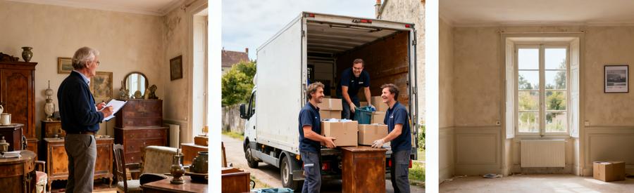 Professionnels du débarras évaluant, chargeant un camion et montrant un espace dégagé dans une maison de l'Orne.