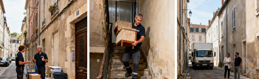 Trois scènes illustrant le débarras à Pau, avec ruelles étroites et manutention d'objets lourds dans un ancien immeuble.