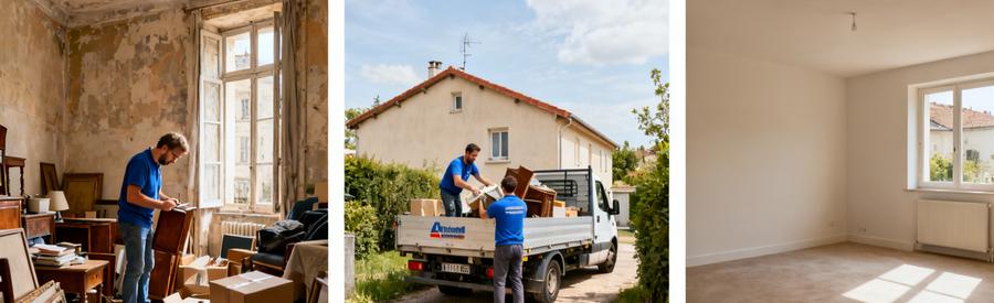 Trois scènes de débarras à Périgueux : appartement ancien encombré, pavillon avec chargement et espace vide final.