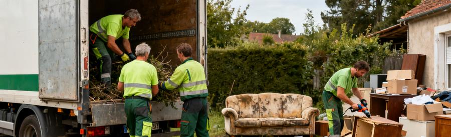 Professionnels du débarras dans l'Aube chargeant un camion-benne avec des meubles et cartons.