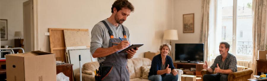 Un professionnel du débarras évalue des meubles dans un salon à Voiron, entouré de cartons et d'objets encombrants.