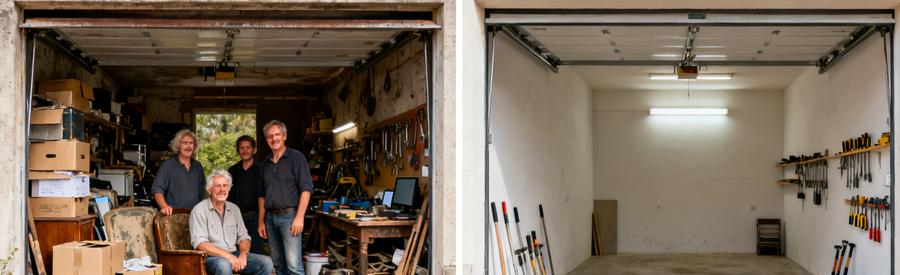 Avant/Après d'un garage à Rezé, montrant l'encombrement puis un espace dégagé et ordonné.