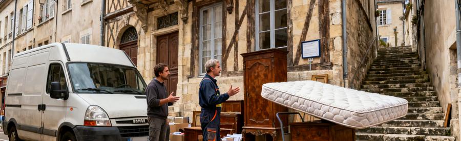 Professionnels en débarras dans une ruelle de Riom, évaluant des meubles anciens devant un hôtel particulier.