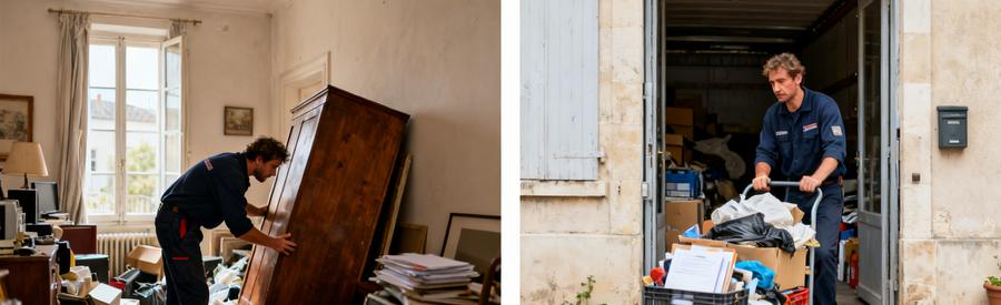Évaluation d'un débarras difficile à Rochefort, avec un professionnel en action, évaluant et chargeant des objets.