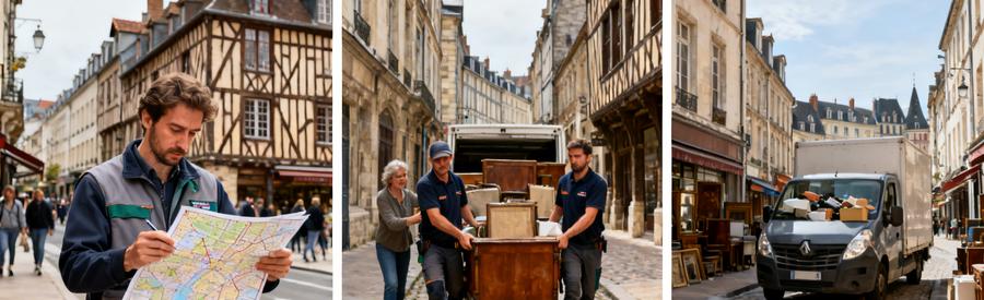 Professionnels du débarras à Rouen, portant des meubles à travers des rues étroites et historiques.
