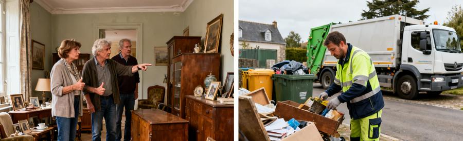 Héritiers préoccupés dans une maison à Saint-Brieuc, professionnels du débarras en action, évacuant les objets.