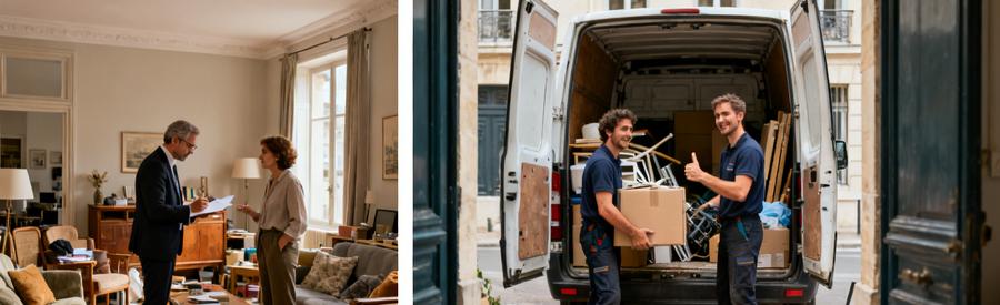 Professionnels inspectant un salon encombré et chargeant à l'extérieur à Saint-Herblain.