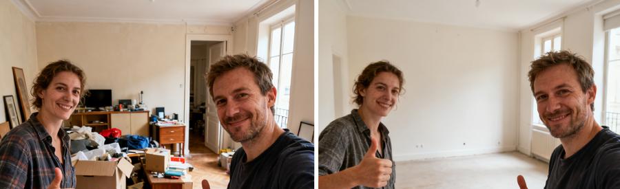 Avant/après d'un appartement à Saint-Louis, encombré puis complètement vidé et propre.