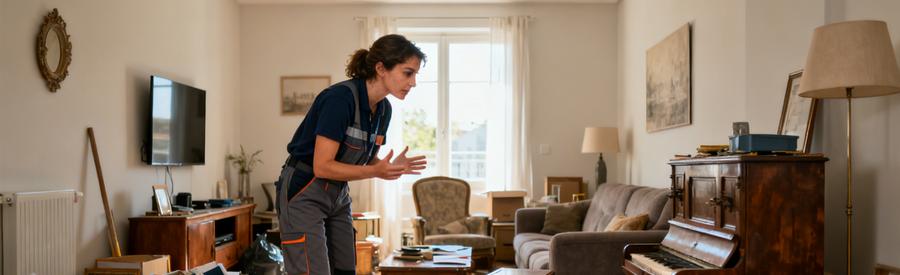 Un débarras professionnel évaluant un salon encombré d'un appartement à Saint-Priest.