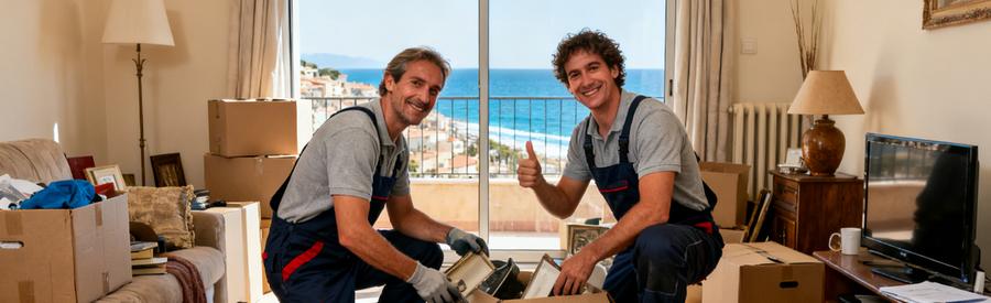 Débarras professionnel à Saint-Raphaël avec des travailleurs triant des objets dans un appartement en bord de mer.