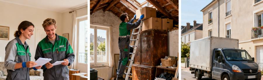 Professionnels du débarras évaluant des objets dans un appartement et un grenier, illustrant l'importance de l'accessibilité dans le tarif.