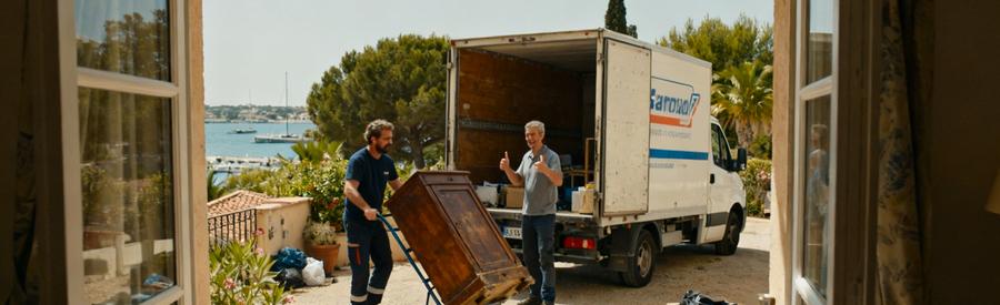 Débarrasseur professionnel durant une mission à Sanary-sur-Mer, utilisant un diable pour un vieux meuble devant un camion.