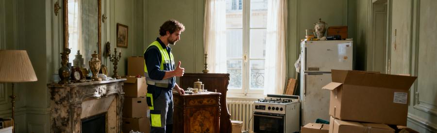 Un débarras professionnel évaluant des meubles dans un salon encombré avant un départ en maison de retraite.
