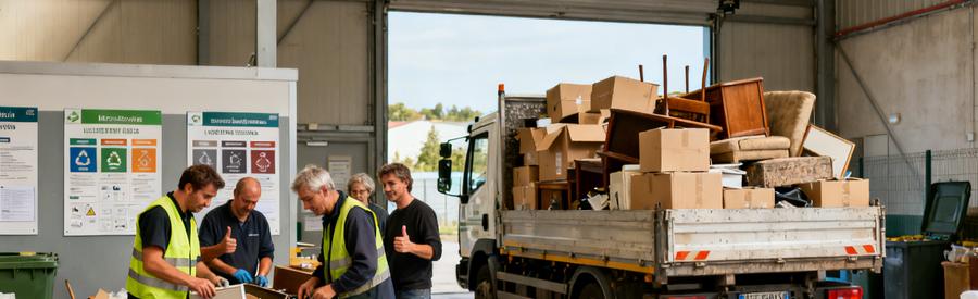 Professionnels du débarras en Saône-et-Loire triant des déchets, respectant les réglementations en matière d'élimination.