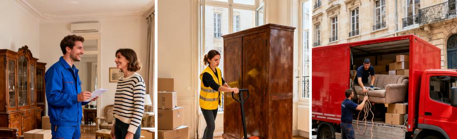 Comparaison des professionnels du débarras dans un T3 au rez-de-chaussée et au 5e étage en Sarthe, ambiance dynamique.