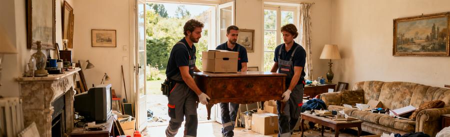 Professionnels du débarras en action dans un pavillon de Sarthe, en train de vider un salon encombré.