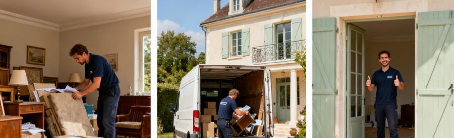 Démontre les étapes d'un débarras professionnel dans un pavillon à Savigny-sur-Orge, montrant évaluation, chargement, et nettoyage.