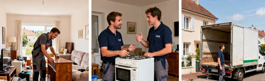 Trois images illustrant le processus de débarras à Schiltigheim, montrant évaluation, tri et satisfaction des professionnels.