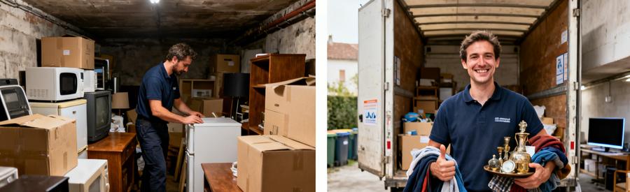 Un professionnel du débarras à Sélestat inspecte des objets dans une cave encombrée et montre le résultat après nettoyage.