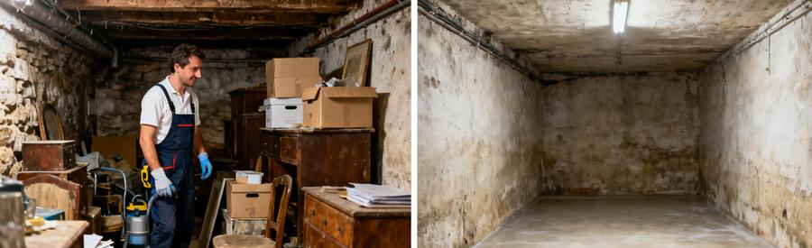Comparaison avant/après d'une cave, avec débarras de vieux meubles et cartons, illustration de service à Seynod.