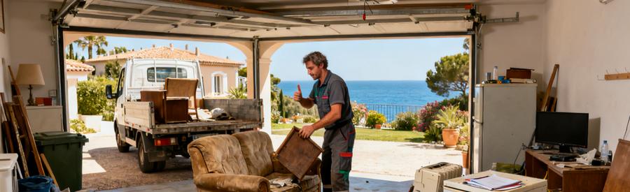 Un débarras professionnel dans une villa de Six-Fours-les-Plages, avec des meubles anciens et électroménagers à évacuer.