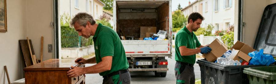 Débarrasseurs à Talence triant meubles et déchets recyclables dans un cadre résidentiel.