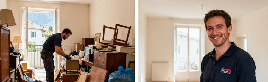 Professionnel en train d'évaluer des meubles dans un appartement à Thonon-les-Bains, avant et après le débarras.