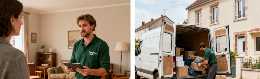 Professionnel du débarras à Tourcoing, évaluant des meubles et chargeant des objets dans une camionnette.