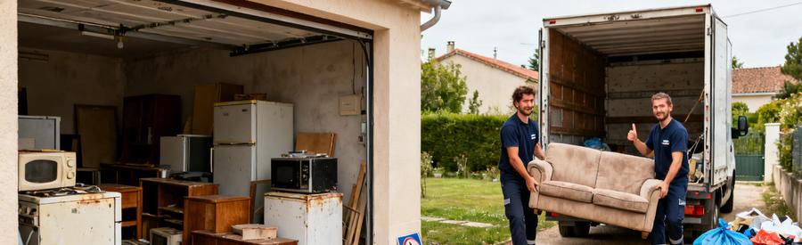 deux scènes illustrant un débarras à Tournefeuille : un garage encombré, puis une équipe chargant des meubles dans une camionnette.