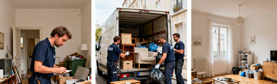 Scènes illustrant le débarras urgent : évaluation d'un appartement encombré, professionnels chargeant et appartement vide après intervention.