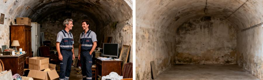 Avant/après d'un débarras dans une cave à La Valette-du-Var, montrant l'encombrement puis la propreté.